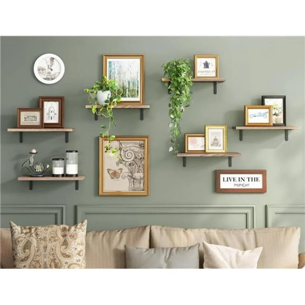 Wood Floating Shelves - Set of 6, Rustic Brown - Wall Mounted, Farmhouse Shelf